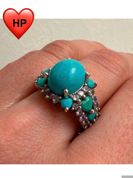 Estate Jewelry - ESTATE SOLID PLUMB 14K WHITE GOLD W TURQUOISE, DIAMOND COCKTAIL RING S 8 EUC